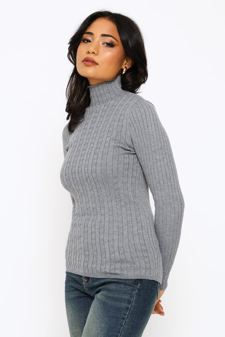 Plain Cable Turtleneck - Grey Melange