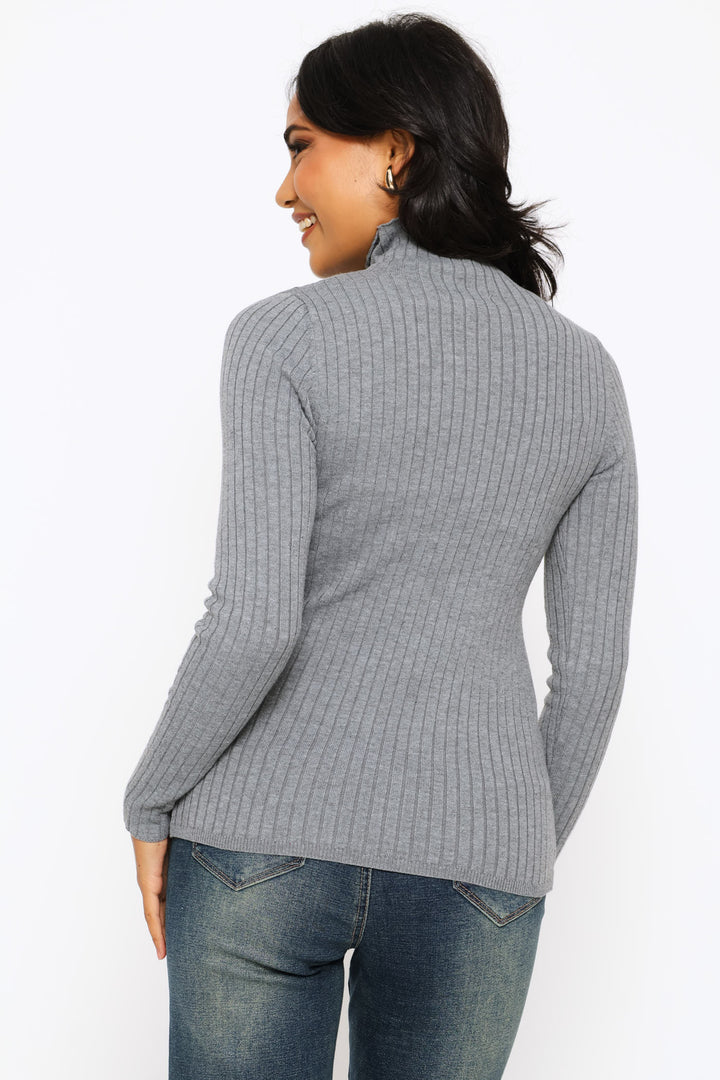 Plain Cable Turtleneck - Grey Melange