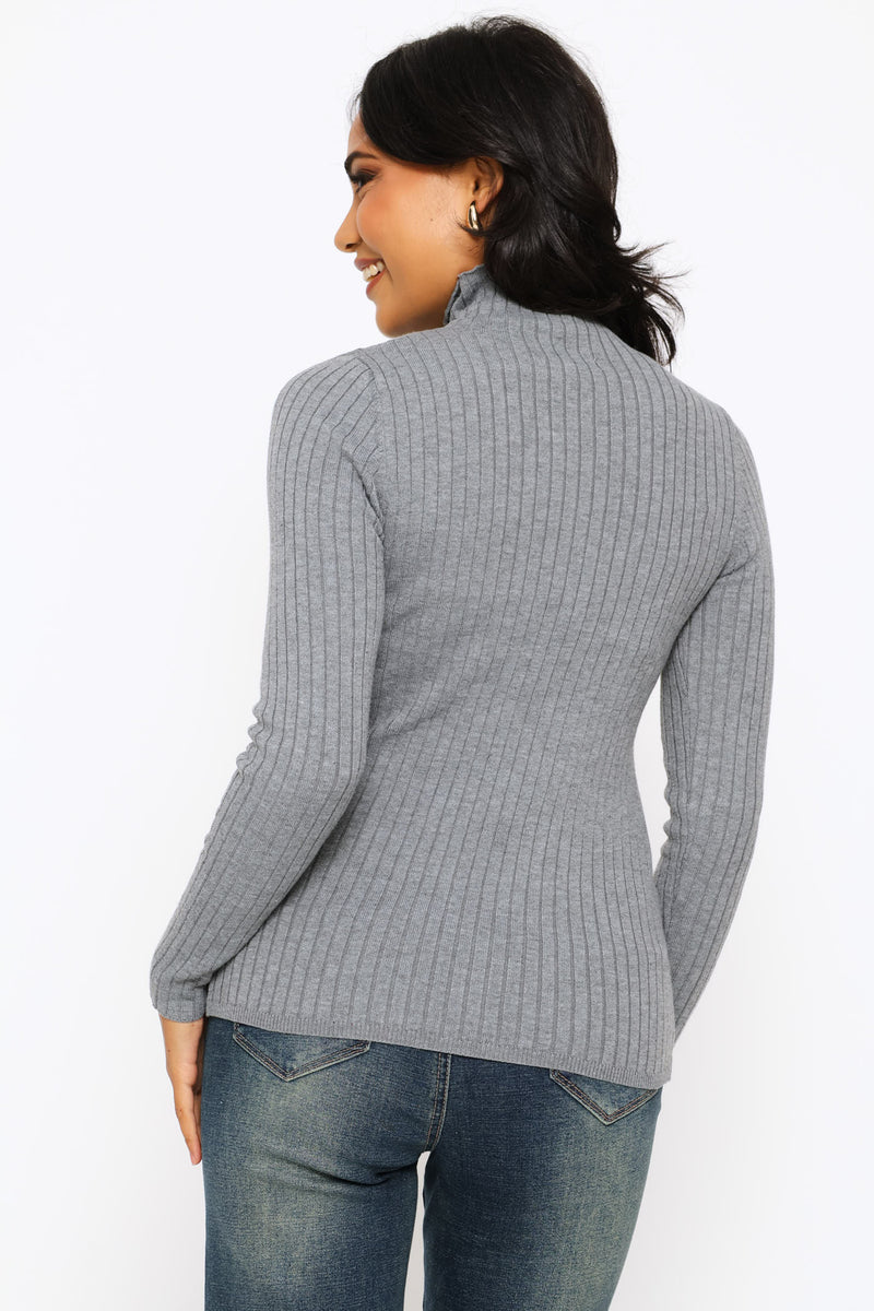 Plain Cable Turtleneck - Grey Melange