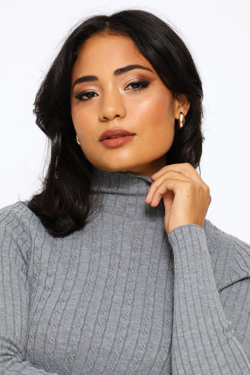 Plain Cable Turtleneck - Grey Melange