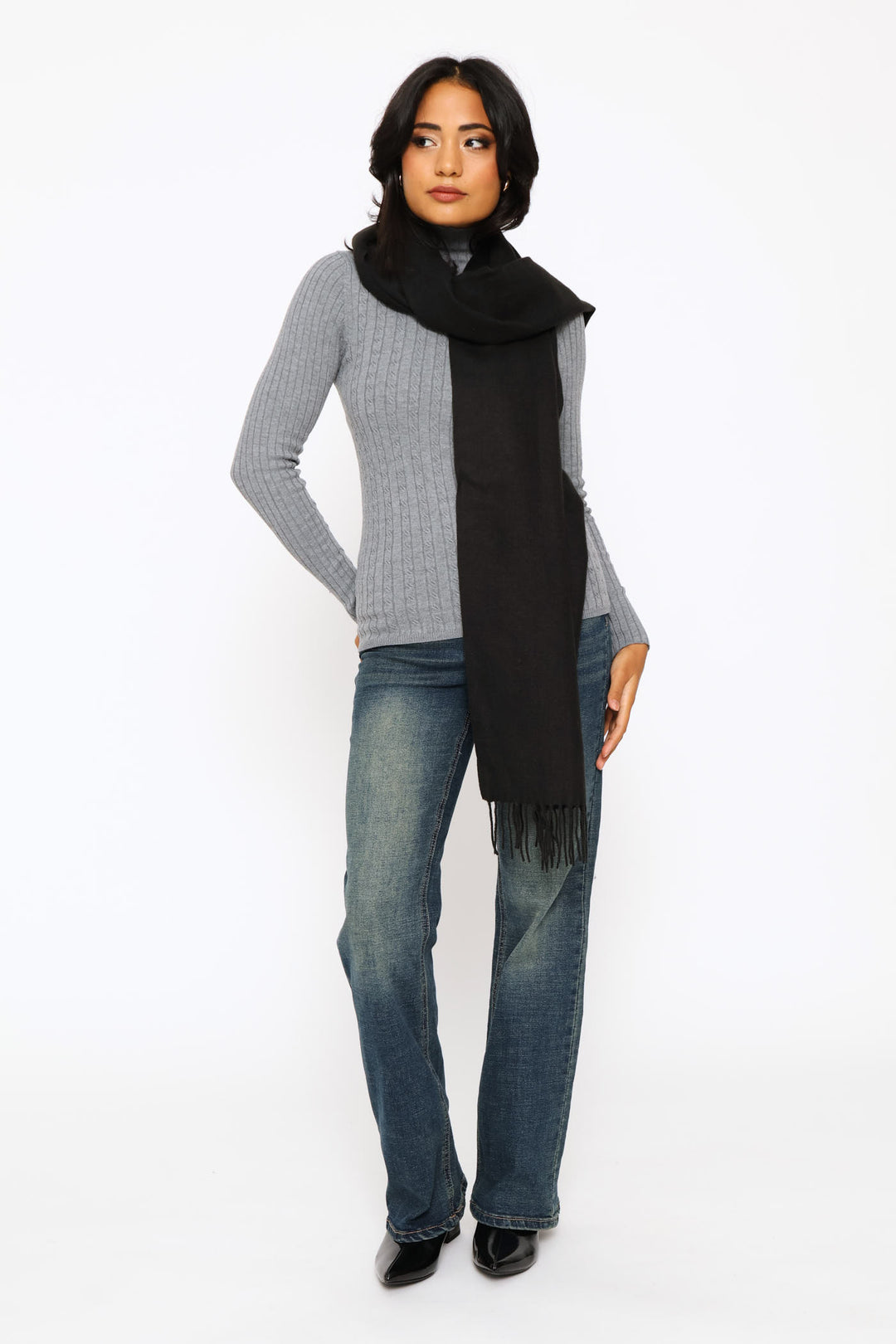 Fringe Detail Woven Scarf - Black