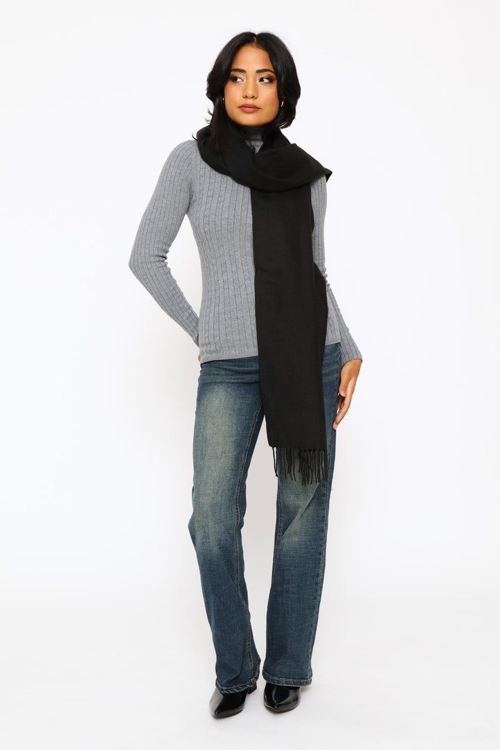 Fringe Detail Woven Scarf - Black
