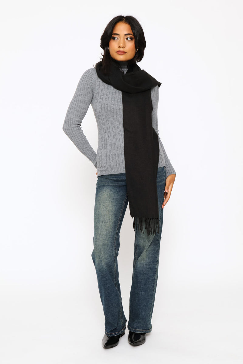Fringe Detail Woven Scarf - Black