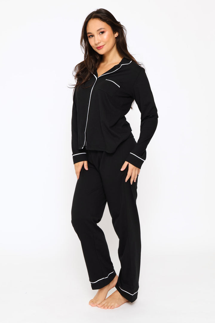 Long Sleeve Button Through & Knit Pant Set - Black