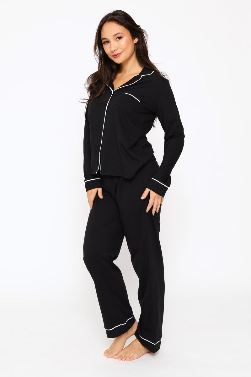Long Sleeve Button Through & Knit Pant Set - Black