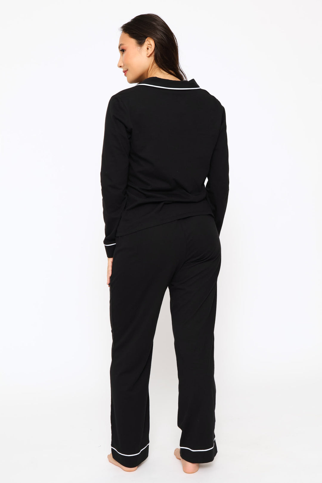 Long Sleeve Button Through & Knit Pant Set - Black