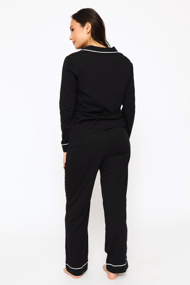 Long Sleeve Button Through & Knit Pant Set - Black