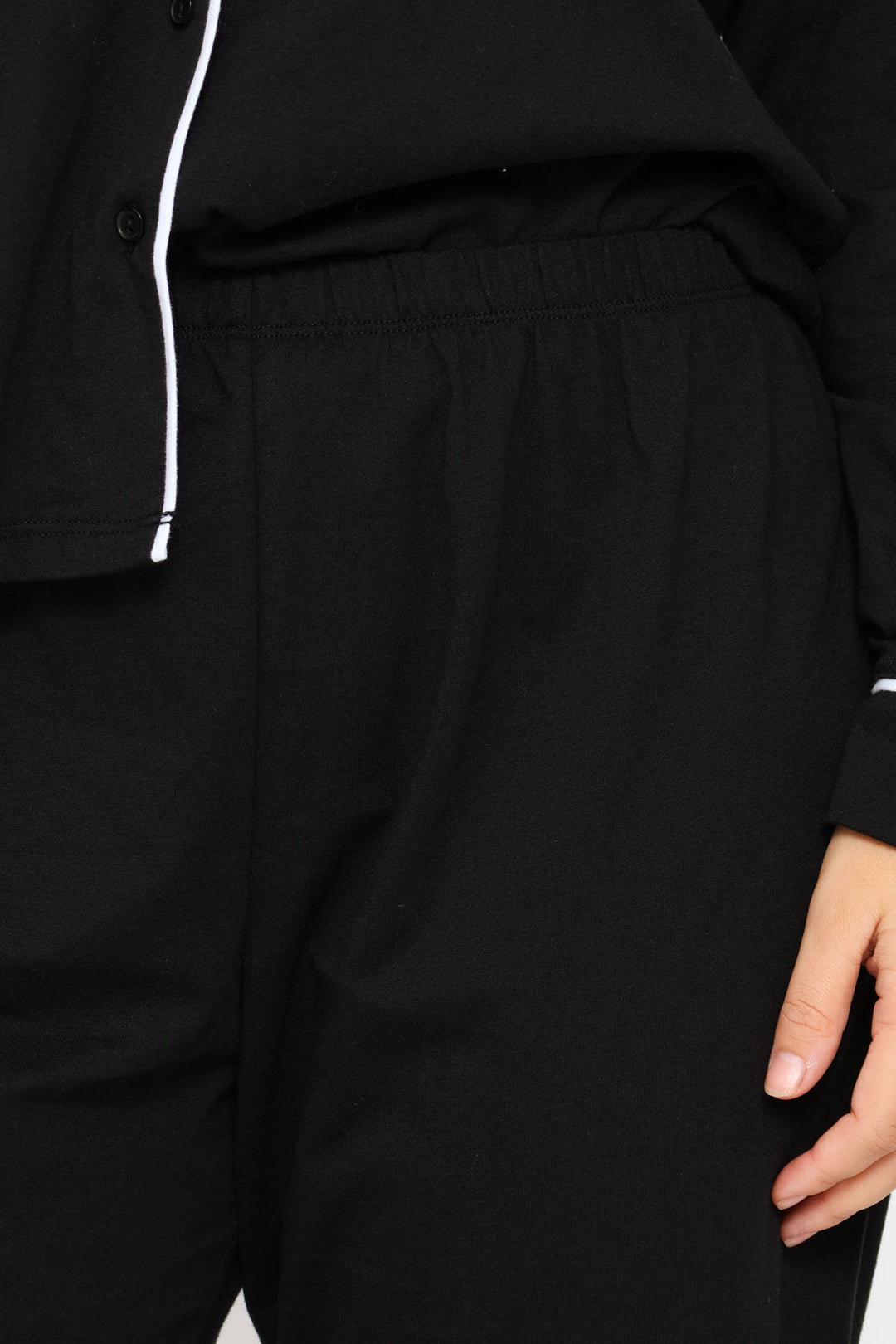 Long Sleeve Button Through & Knit Pant Set - Black
