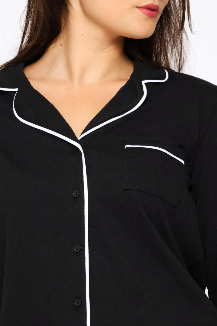 Long Sleeve Button Through & Knit Pant Set - Black