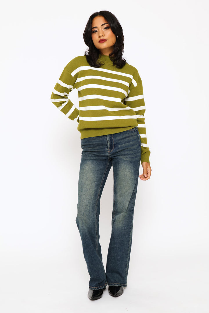 Luxe Academia Stripe Turtleneck Pullover - Fatigue/Cream