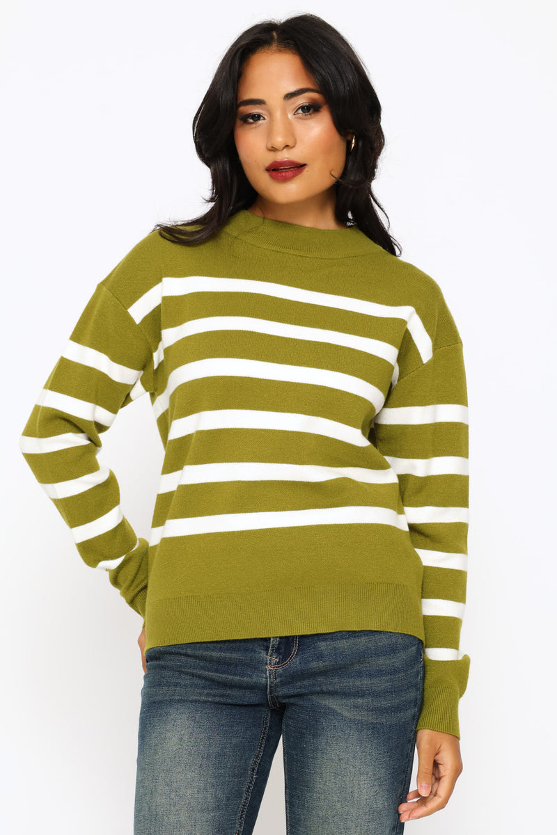 Luxe Academia Stripe Turtleneck Pullover - Fatigue/Cream