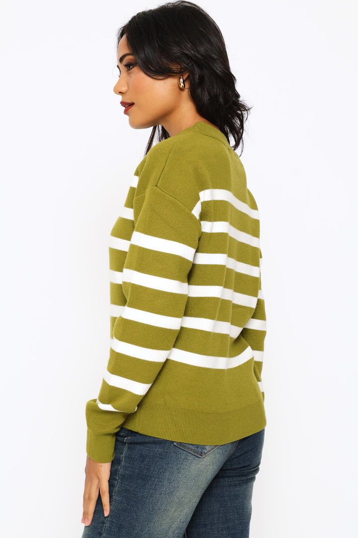 Luxe Academia Stripe Turtleneck Pullover - Fatigue/Cream