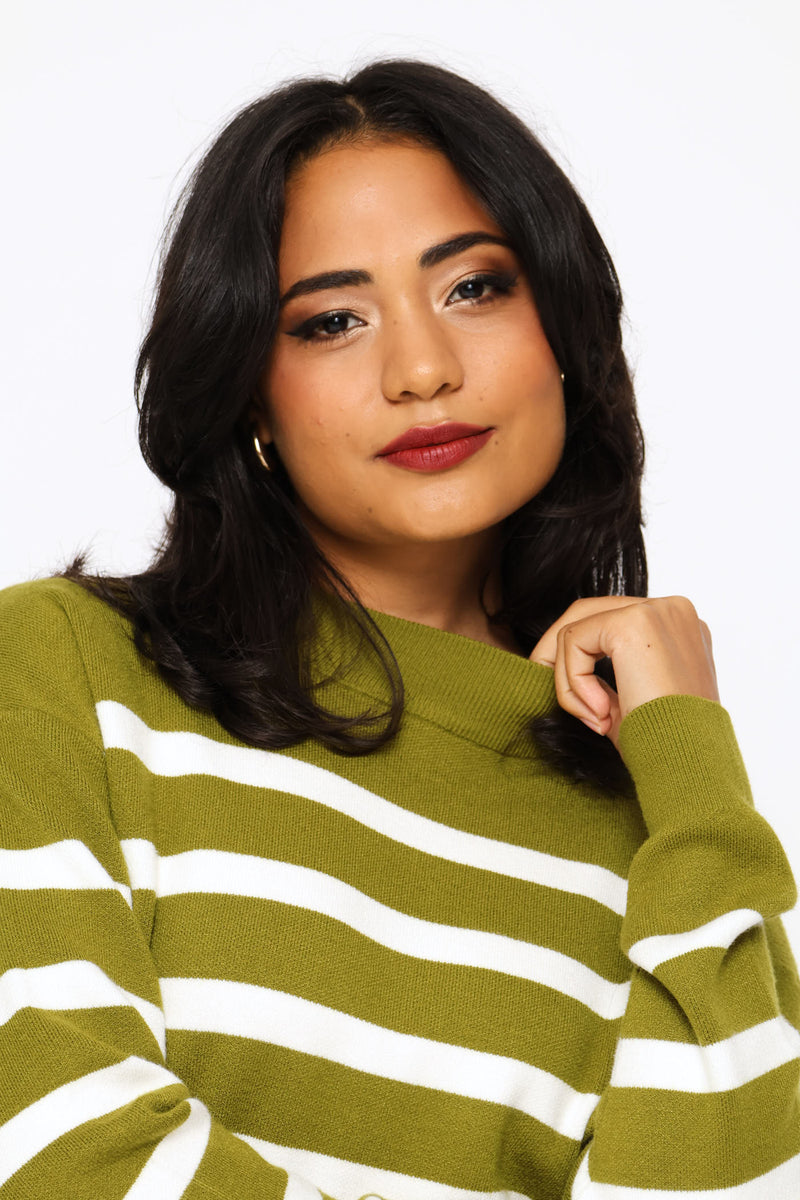 Luxe Academia Stripe Turtleneck Pullover - Fatigue/Cream
