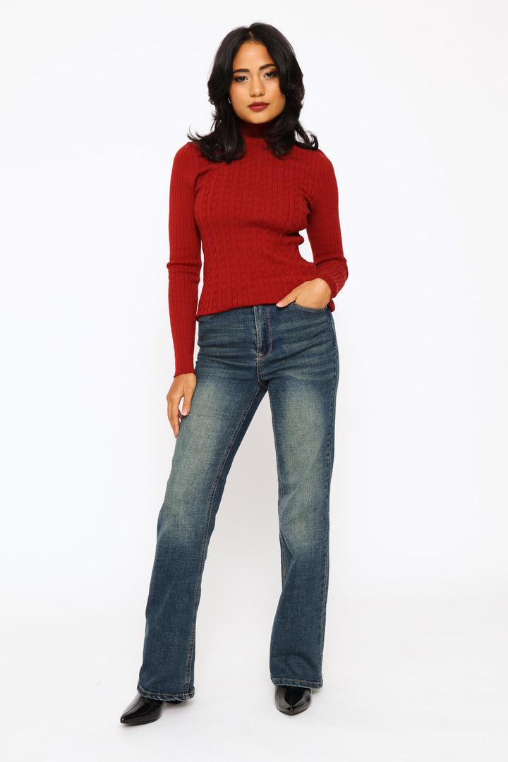 Plain Cable Turtleneck - Deep Red