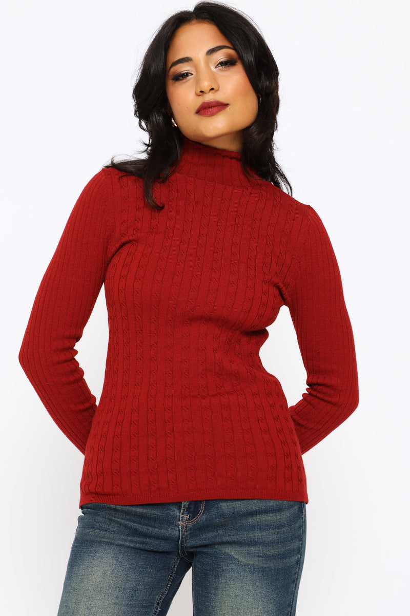 Plain Cable Turtleneck - Deep Red