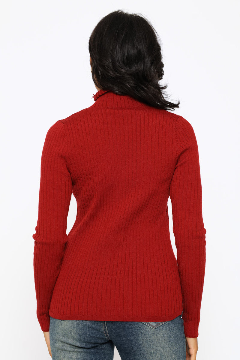Plain Cable Turtleneck - Deep Red