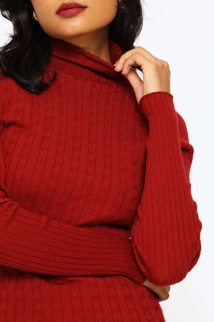 Plain Cable Turtleneck - Deep Red