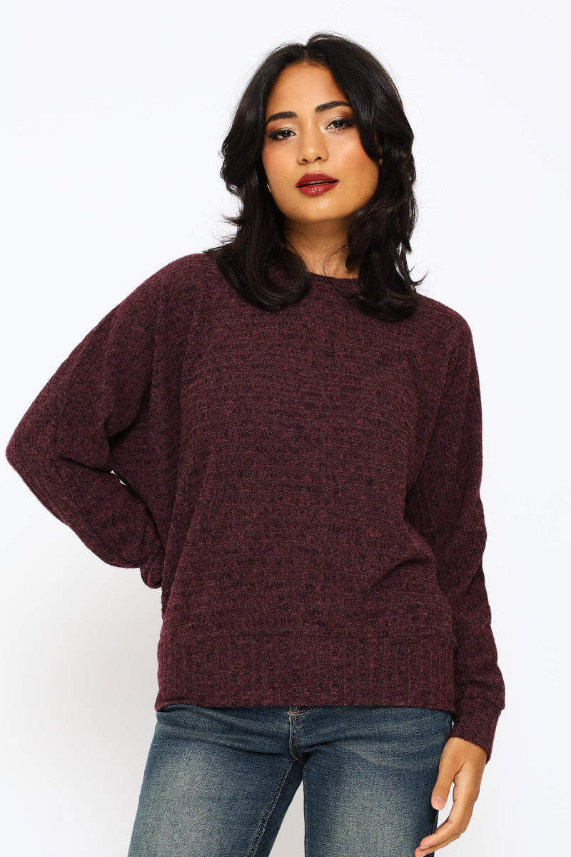 Long Sleeve Dolman Sleeve Ribbed Top - Plum