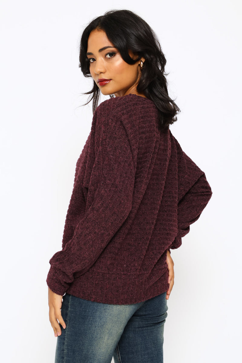 Long Sleeve Dolman Sleeve Ribbed Top - Plum