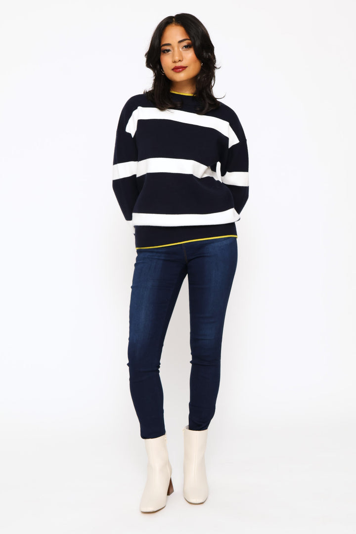Luxe Academia Stripe Turtleneck Pullover - Navy/White