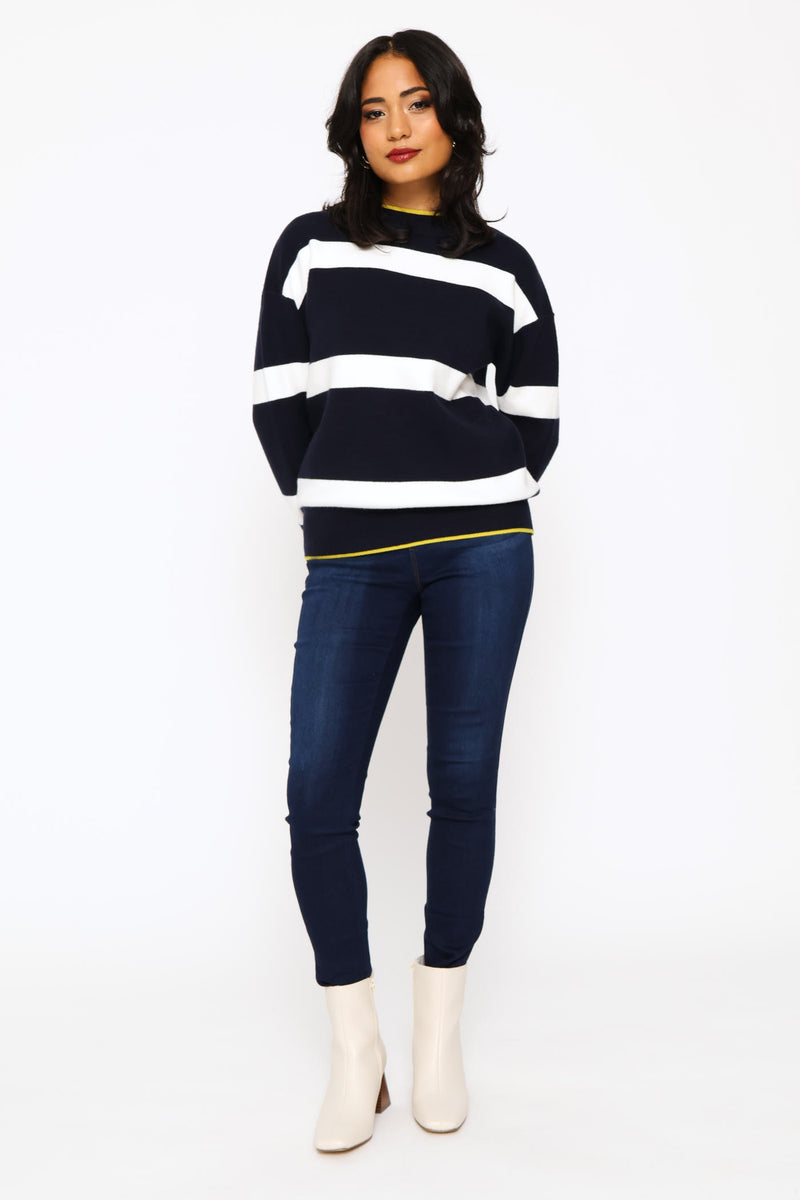 Luxe Academia Stripe Turtleneck Pullover - Navy/White