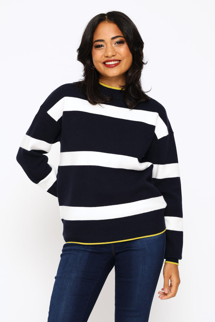 Luxe Academia Stripe Turtleneck Pullover - Navy/White