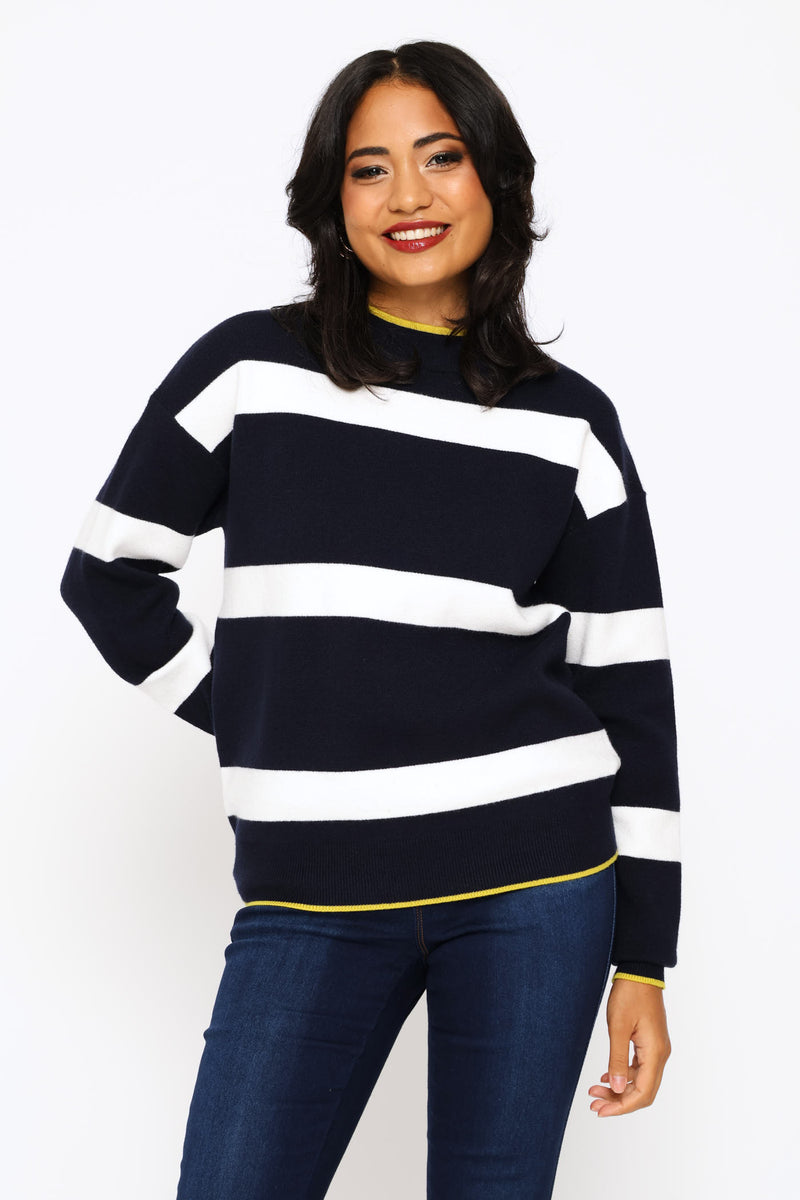 Luxe Academia Stripe Turtleneck Pullover - Navy/White