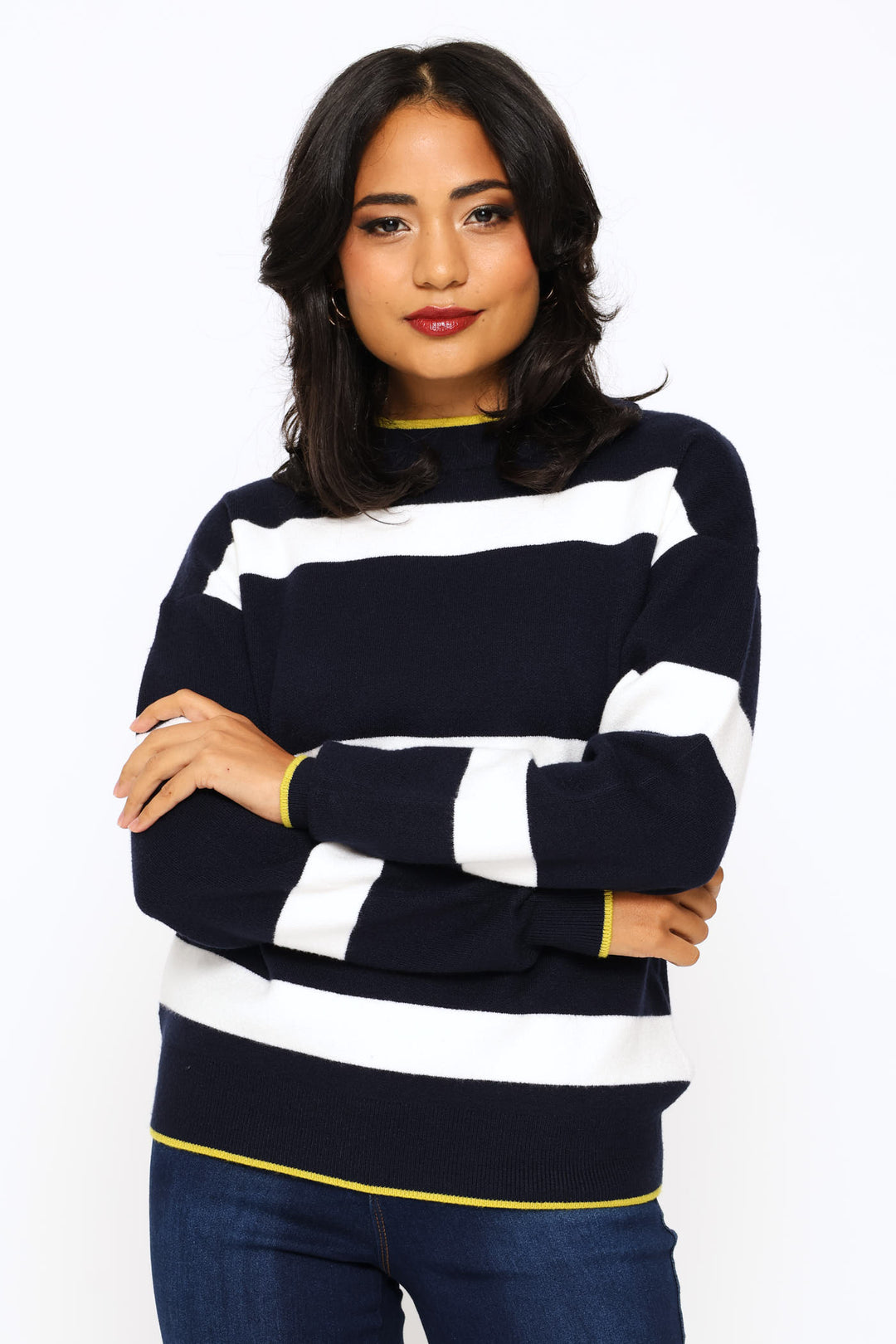 Luxe Academia Stripe Turtleneck Pullover - Navy/White