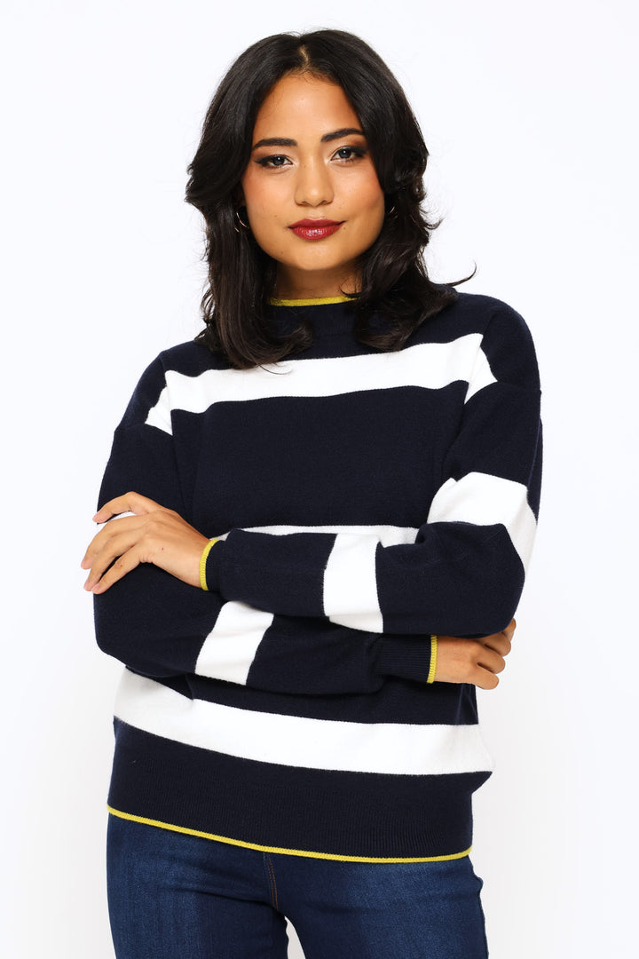 Luxe Academia Stripe Turtleneck Pullover - Navy/White
