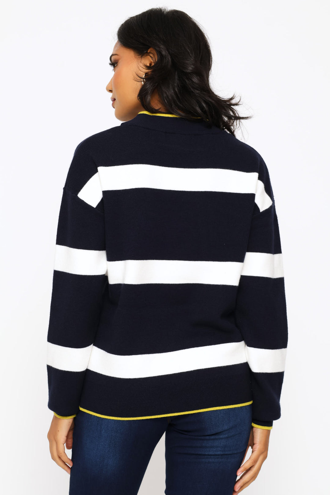 Luxe Academia Stripe Turtleneck Pullover - Navy/White