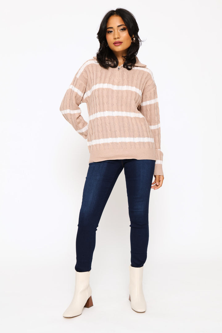 Quater Zip Funnel Neck Cable Knitwear - Stone/White