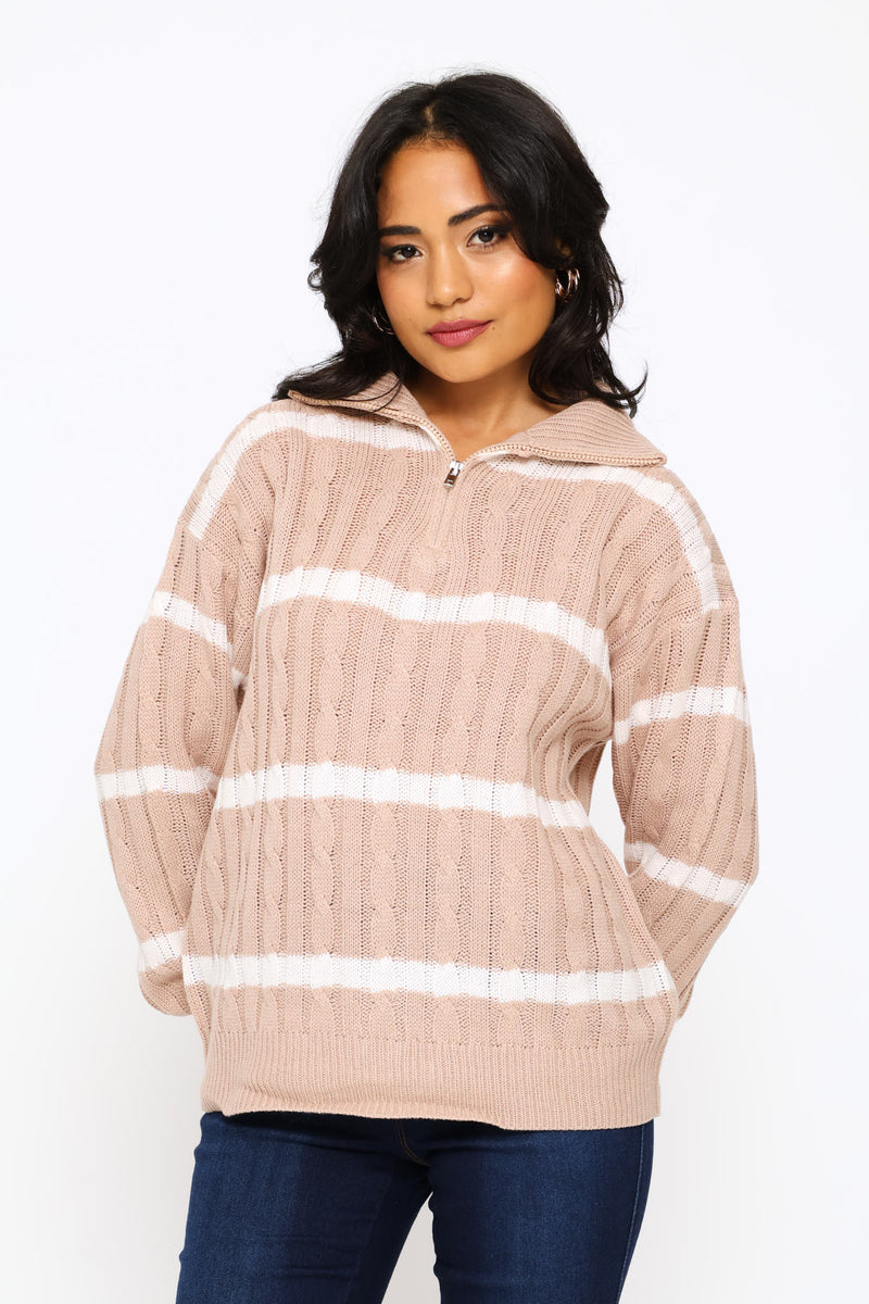 Quater Zip Funnel Neck Cable Knitwear - Stone/White