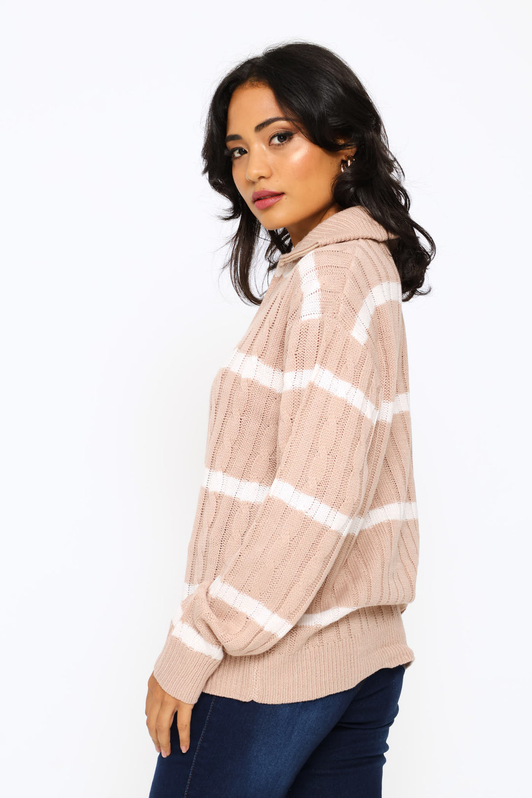 Quater Zip Funnel Neck Cable Knitwear - Stone/White