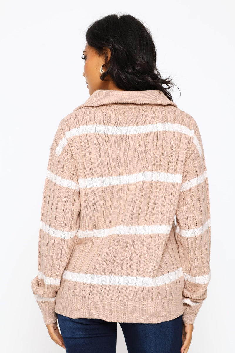 Quater Zip Funnel Neck Cable Knitwear - Stone/White