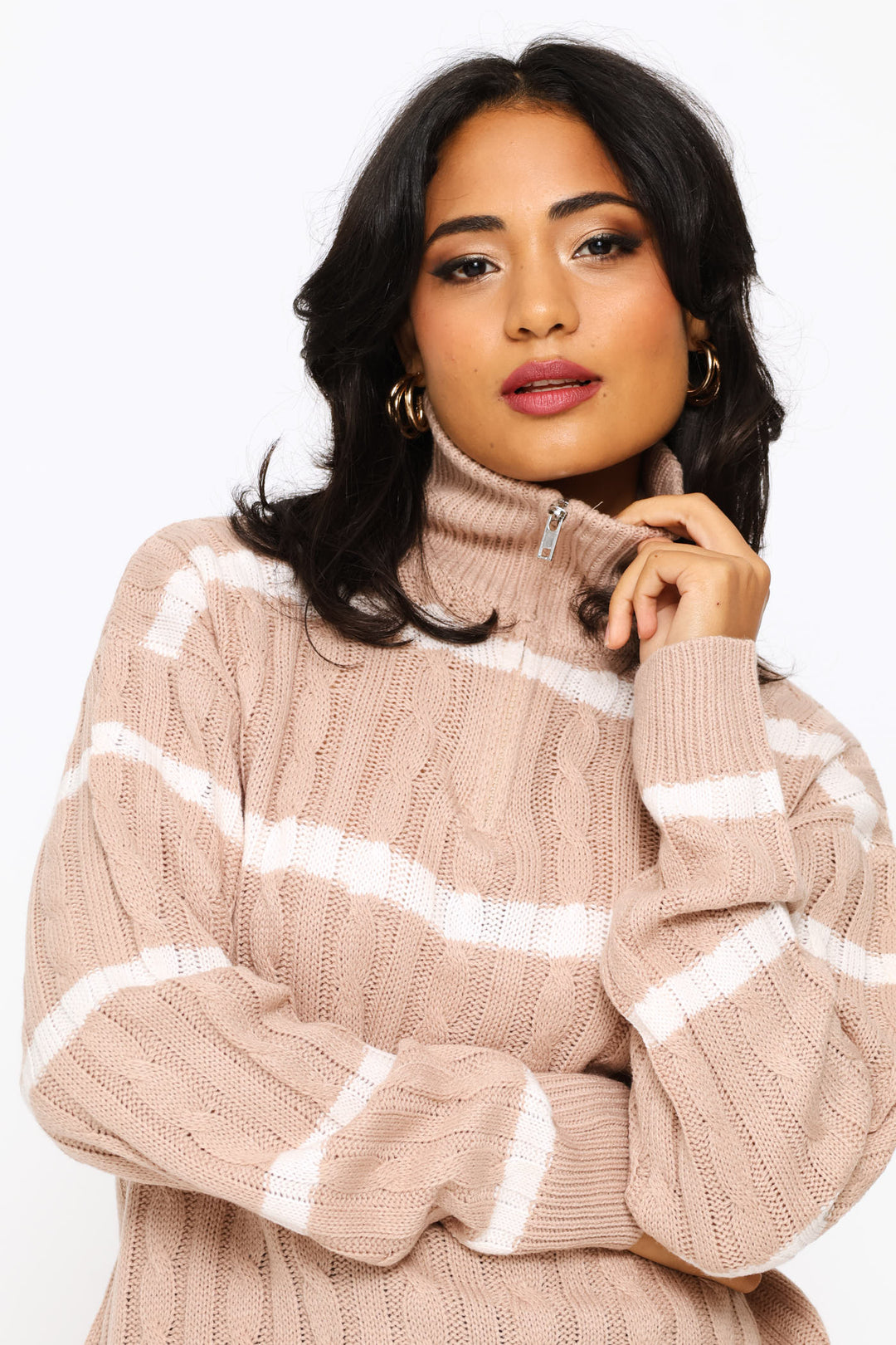 Quater Zip Funnel Neck Cable Knitwear - Stone/White