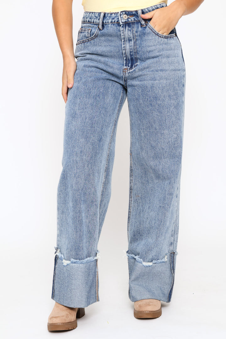 Turn Up Wide Leg Denim - Salty Mid Wash