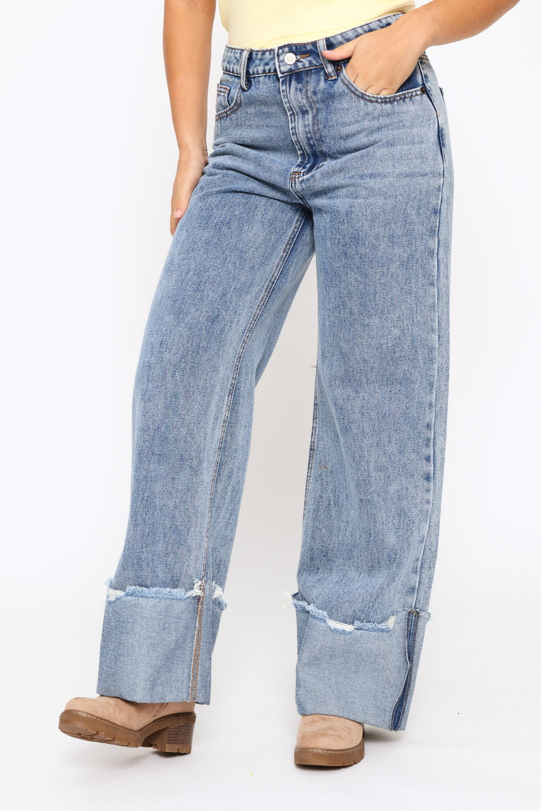 Turn Up Wide Leg Denim - Salty Mid Wash