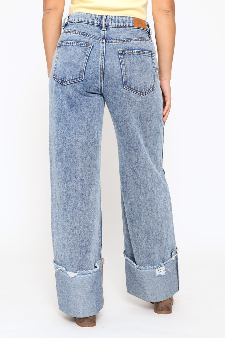 Turn Up Wide Leg Denim - Salty Mid Wash