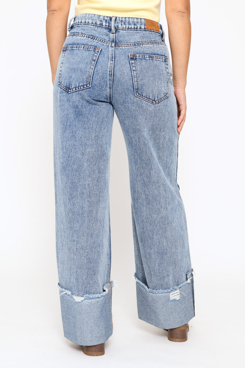 Turn Up Wide Leg Denim - Salty Mid Wash