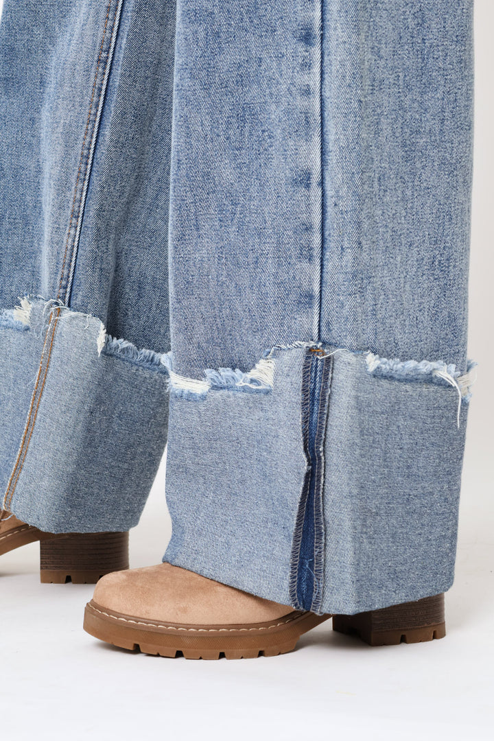Turn Up Wide Leg Denim - Salty Mid Wash
