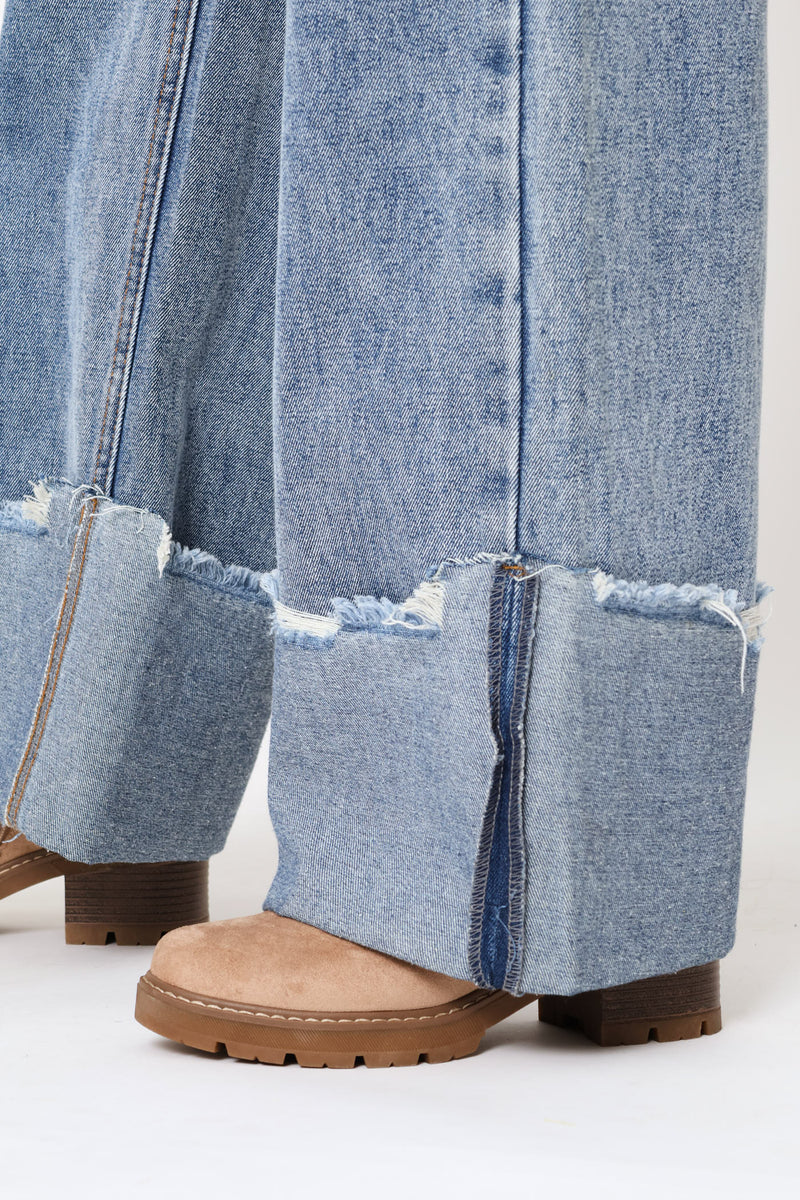 Turn Up Wide Leg Denim - Salty Mid Wash