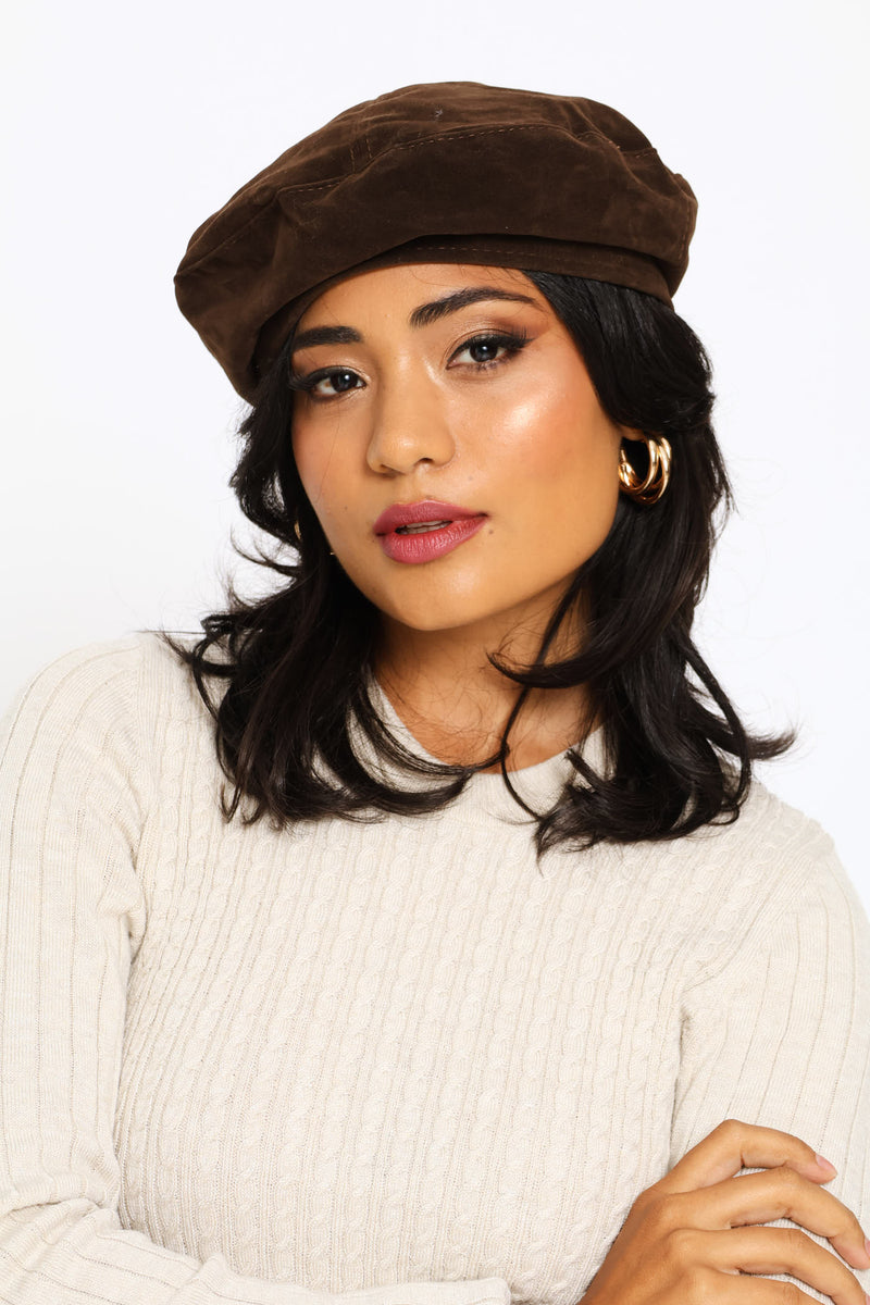 Faux Suede Beret - Brown