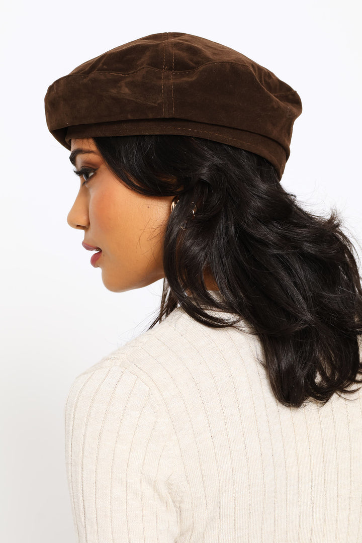 Faux Suede Beret - Brown