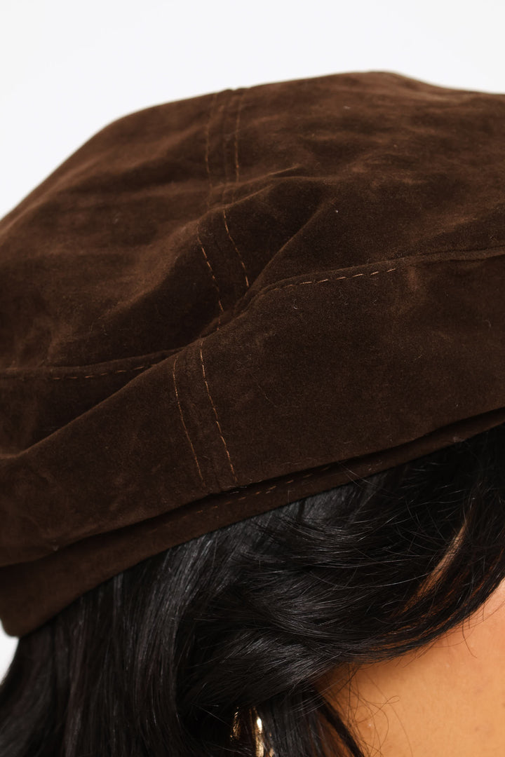Faux Suede Beret - Brown