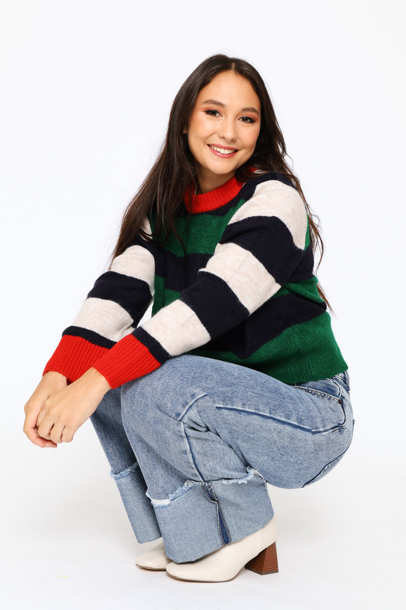 Block Stripe Crew Pullover - Bottle Green
