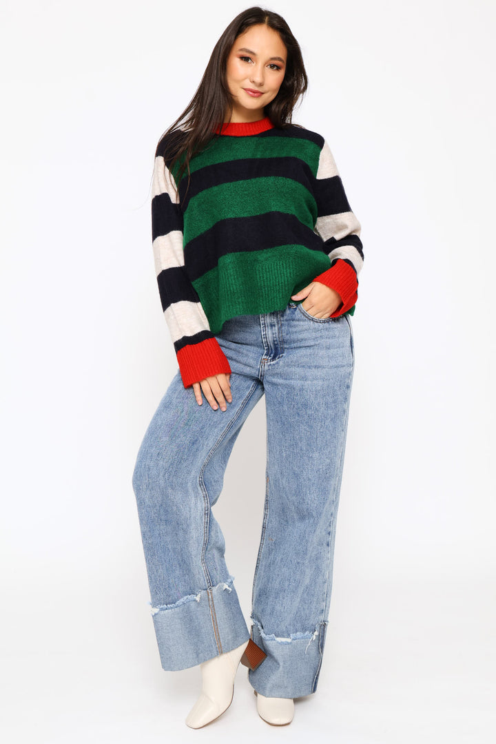 Block Stripe Crew Pullover - Bottle Green