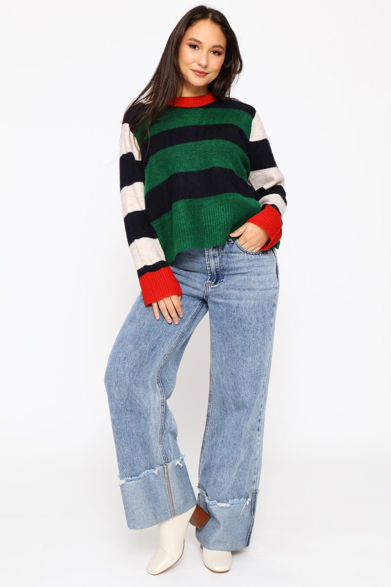 Block Stripe Crew Pullover - Bottle Green