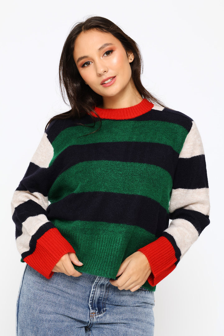 Block Stripe Crew Pullover - Bottle Green
