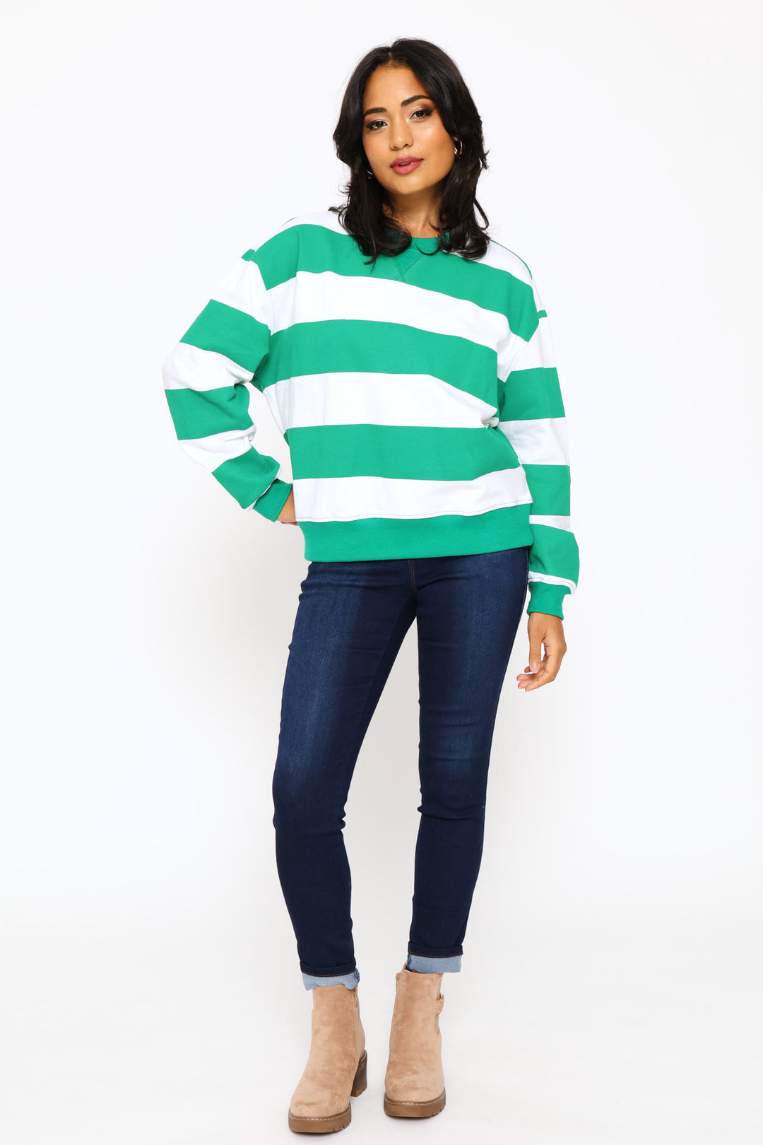 Long Sleeve Stripe Pullover - White/Green