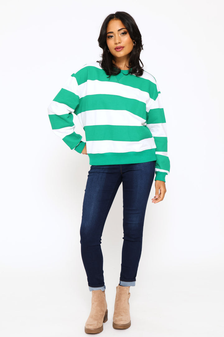 Long Sleeve Stripe Pullover - White/Green